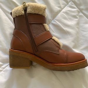 Women's Coach Preston Brown Leather Shearling Fur Block Heel Ankle Boots